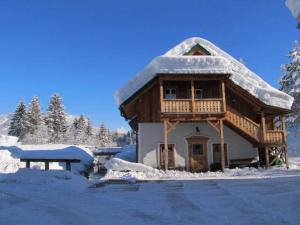 een groot houten huis met sneeuw erop bij Ferienhaus Grubegg in Bad Mitterndorf