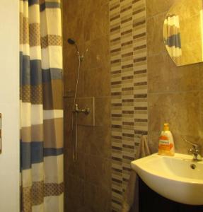 ein Bad mit einem Waschbecken und einer Dusche in der Unterkunft Pokój Pod Kluczem in Wolimierz