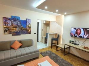 a living room with a couch and a tv on a wall at Apartman DoDoLu in Belgrade