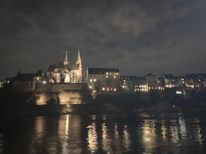 Eine Stadt leuchtete nachts auf dem Wasser in der Unterkunft AVLiving City ROOM Basel B&B in Basel