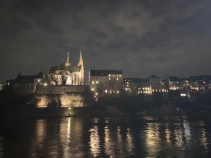 a city lit up at night on the water at AVLiving City ROOM Basel in Basel