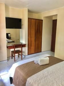 ein Schlafzimmer mit Bett, Schreibtisch und Fernseher in der Unterkunft Hotel Monte Azul in Tarapoto + 26 Fotos