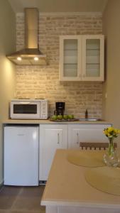 a kitchen with a white refrigerator and a microwave at House of Garden in Dhráganon