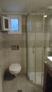 a bathroom with a toilet and a shower at House of Garden in Dhráganon