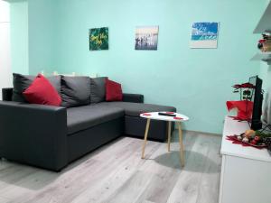 uma sala de estar com um sofá e uma mesa em Superb studio apartment near to the city center em Tirana