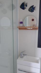een badkamer met een wastafel en een spiegel op een plank bij Rangimarie 123 in Wainui