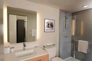 
a bathroom with a shower, sink, and mirror at Hotel Indigo Denver Downtown, an IHG Hotel in Denver
