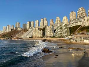 une plage en face d'une ville avec de grands bâtiments dans l'établissement Terrazas de Cochoa, à Viña del Mar