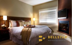a bedroom with a bed with a fireplace and a television at Solara Resort by Bellstar Hotels in Canmore