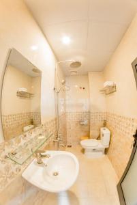 a bathroom with a sink and a toilet and a mirror at Dalat Mist House - Đà Lạt in Da Lat
