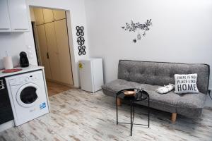 a living room with a couch and a washing machine at Business sky Loft in Sofia