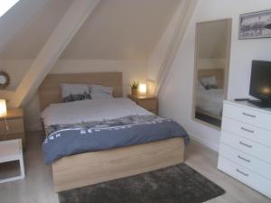 een slaapkamer met een bed, een dressoir en een televisie bij Chambres Privatives Chez l'Habitant in Guebwiller