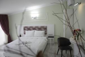 Schlafzimmer mit einem Bett, einem Schreibtisch und einem Stuhl in der Unterkunft The Wolf Hotel in Istanbul