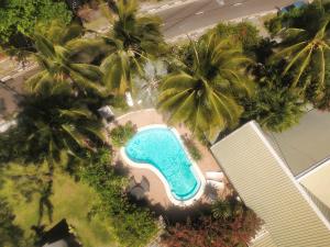 an overhead view of a swimming pool with palm trees at Chantauvent Guest House in Blue Bay