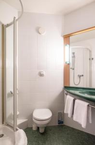 La salle de bains est pourvue de toilettes, d'une douche et d'un lavabo. dans l'établissement ibis Charleroi Airport Brussels South, à Charleroi