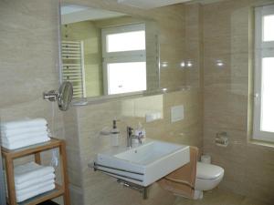a bathroom with a sink and a toilet and a mirror at Ferienwohnung Speyer in Speyer +14 photos