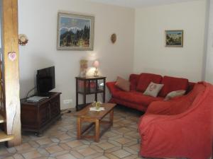 a living room with a red couch and a tv at Les Gentianes in Breitenbach-Haut-Rhin