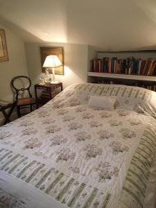 um quarto com uma cama, um candeeiro e uma estante de livros em The Old Rectory Bed & Breakfast em Abergavenny