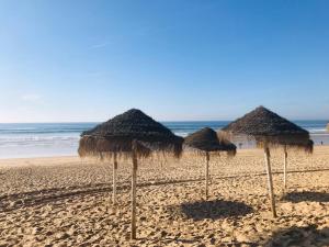 a group of straw umbrellas on a beach at Golf & Beach Apartment in Charneca
