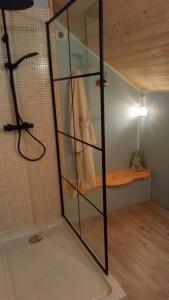 przeszklony prysznic w pokoju z łóżkiem w obiekcie La grange du kerala w mieście Ban-sur-Meurthe-Clefcy