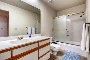 博雷戈斯普林斯Borrego Springs Hideaway Pool Table, Mtn Views!的带水槽、马桶和淋浴的浴室 更多16张照片