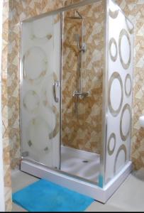 a shower with a glass door in a bathroom at JAYBRITT LUXURY APARTMENT in Ibadan
