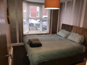 łóżko w pokoju z oknem w obiekcie Ground Floor Contemporary 1 Bed Apartment w Birmingham