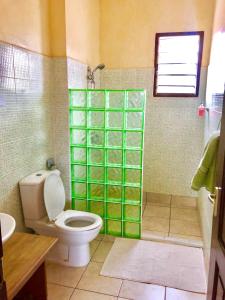 a bathroom with a toilet and a green glass wall at Flametree Beach Homes in Diani Beach