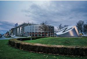 a building with a large sign in front of it at Ferienparadies in Fürth