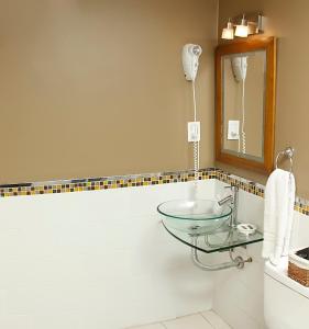 a bathroom with a glass sink and a mirror at La Rozada Suites in Corrientes +75 photos