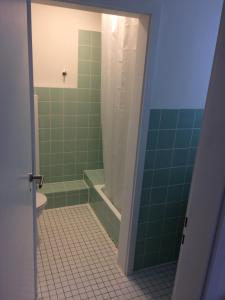 uma casa de banho com um chuveiro verde e um WC. em Apartment nähe Ettlingen - 15 min zur Messe Karlsruhe em Malsch