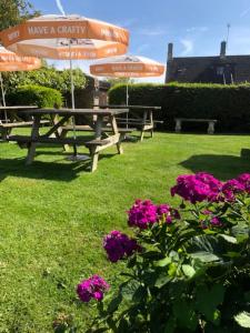 two picnic tables with umbrellas and flowers in the grass at The Star Inn in Sulgrave
