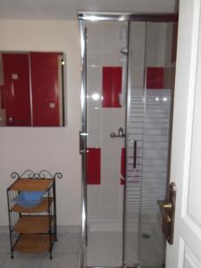 um chuveiro com uma porta de vidro na casa de banho em gite colorado em Renac
