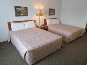 Una habitación de hotel con dos camas y una lámpara. en Dakota Country Inn, en Platte