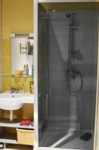 ein Bad mit einer Dusche und einem Waschbecken in der Unterkunft Gîtes An Douar Menez in Gourin