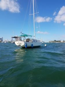 a boat sitting in the water on the ocean at Sailboat with view in Miami