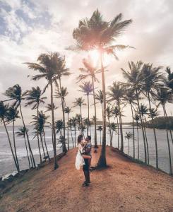 a man and a woman standing on a beach with palm trees at Turtle Reef Guest in Mirissa