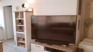 a large flat screen tv sitting on a entertainment center at Ostseefjord-Schlei-Blick im Wikingturm in Schleswig