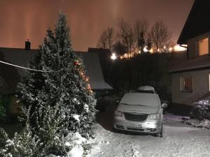 a car parked in a driveway next to a christmas tree at Blachutowka in Krynica Zdrój