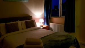 1 dormitorio con 1 cama con lámpara y ventana en The Auld Triangle en Loughrea