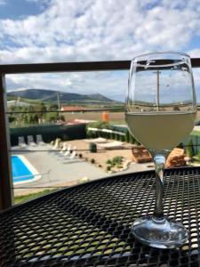 a glass of white wine sitting on top of a table at Apartmány Milovice in Milovice