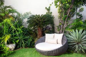 a wicker chair in a garden with plants at Harmony Marina Suites in Rodney Bay Village