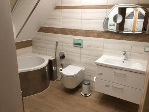 a bathroom with a sink and a toilet and a mirror at Ferienwohnung Amperweg Fürstenfeldbruck in Fürstenfeldbruck