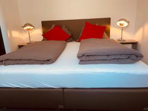 a bed with two red pillows and two lamps at Pension Murhof in Gössendorf