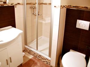 ein Badezimmer mit Dusche, Toilette und Waschbecken in der Unterkunft Villa Ingrid in Weimar