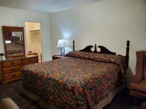 a bedroom with a bed and a dresser and a mirror at Nakon Motel in Candler