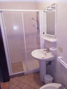 a bathroom with a shower and a sink and a toilet at Agriturismo Le Prata in Scanno