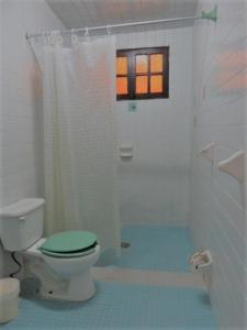 y baño blanco con aseo y ducha. en Hotel D´ Carmona, en Ciudad Valles