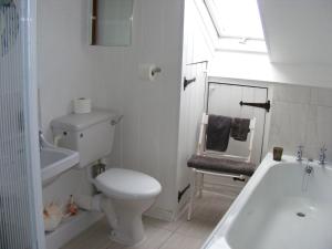 a white bathroom with a toilet and a sink at Spacious Victorian Flat 3 bed, Ideal Base for Snowdonia in Bangor