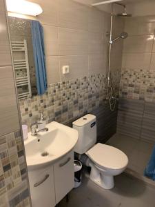 een badkamer met een toilet, een wastafel en een douche bij Pirina Club Hotel in Bansko